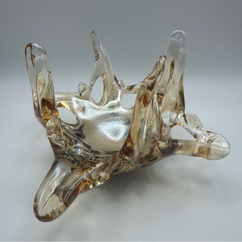 Vintage Hand Blown Art Glass Bowl Freeform Sculptural Amber Clear MCM Style